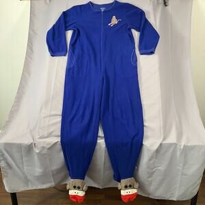 Nick & Nora Sock Monkey Pajama One Piece XL‎ Blue Fleece Footed Sleepwear